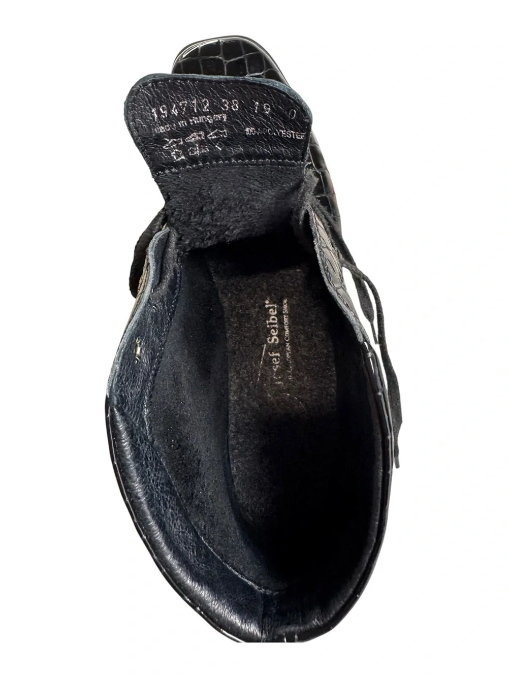 Josef Seibel Caren Croc Embossed Patent Leather Wedge Booties Black 38 7.5